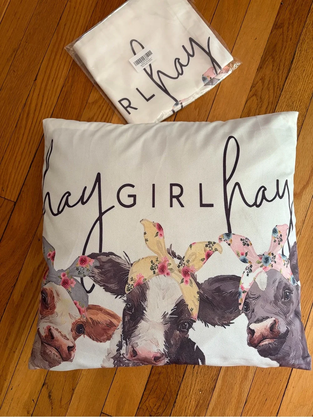 NEW Hay Girl Hay Decorative Cow Throw Pillow Case zipper White Pink Floral